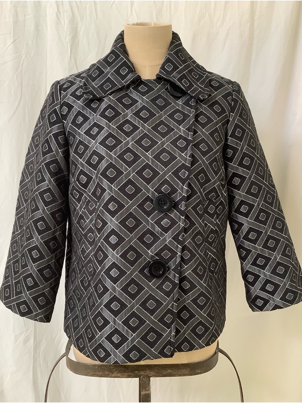 Erin London Top Jacket-Black Gray Raised Diamond Pattern-3/4 Sleeve-Pockets-S